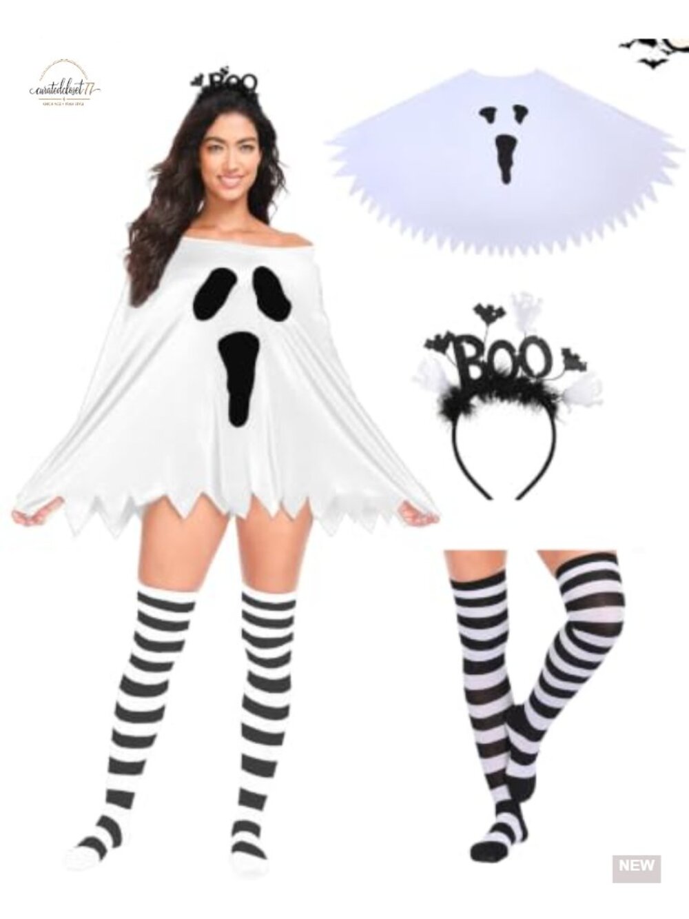 Halloween Ghost Costume Set Poncho Headband Knee-High Socks Cosplay